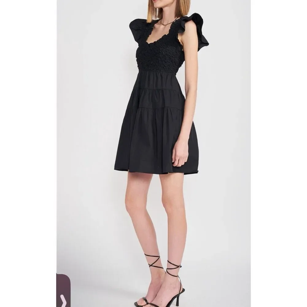 en saison Black Matisse Flutter Women Dresses Smocked Size Medium Stretchy - Picture 8 of 8